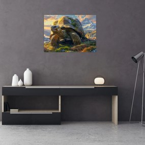 Tablou pe sticlă - Țestoasă și peisaj montan (70x50 cm)