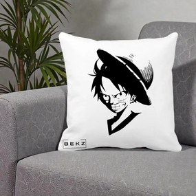 Perna Personalizata One Piece Luffy Silueta Alb-Negru, 40x40 cm, Alba Mata, Husa Detasabila, Perna Inclusa, BEKZ®
