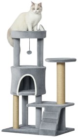 PawHut Ansamblu pentru Pisici cu Turn, Căsuţă, Rampă şi Minge de Jucărie, 60x40x100 cm, Gri Deschis | Aosom Romania