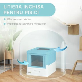 PawHut Litieră pentru Pisici Închisă cu Lopățică, Tavă Detașabilă și 2 Uși, 47.5x35.5x36.7cm, Albastru | Aosom Romania