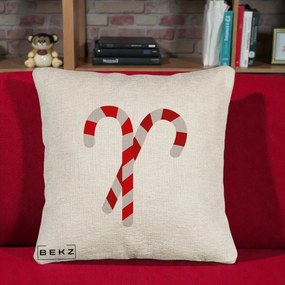 Perna Decorativa Candy Cane de Craciun, 40x40 cm, Bej Canapea, Husa Detasabila, Perna Inclusa, BEKZ®