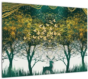 Tablou pe sticlă - Căprioare în pădurea verde (70x50 cm)