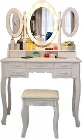 RESIGILAT- Set ILINCA, Masă de toaletă cu 3 oglinzi, iluminare LED, control touch, 7 sertare, scaun, Alb