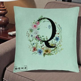 Cadou Personalizat - Perna Personalizata Monogram Litera Q cu Flori Acuarela, 40x40 cm, Verde Menta, Husa Detasabila, Perna Inclusa, BEKZ®