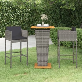 3094799 vidaXL Set mobilier bar de grădină, cu perne, 3 piese, gri, poliratan