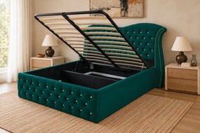Pat tapițat Chesterfield Avella 140×200 cm, verde, cu ladă de depozitare