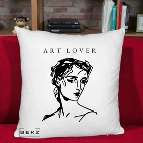 Perna Decorativa Art Lover Portret Grafic, 40x40 cm, Alb Pufos, Husa Detasabila, Perna Inclusa, BEKZ®