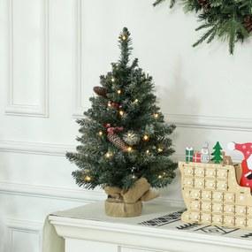 HOMCOM Mini brad de Crăciun 60 cm cu lumini integrate, 86 ramuri, conuri de pin, bobițe roșii, bază din ciment, verde | Aosom Romania