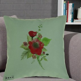 Perna Decorativa Buchet Rosu Acuarela, 40x40 cm, Verde, Husa Detasabila, Perna Inclusa, BEKZ®