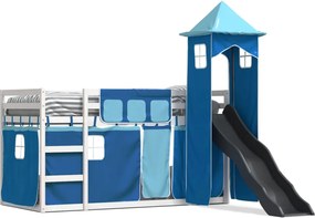 vidaXL Pat supraetajat cu tobogan și perdele, albastru, 90x200 cm