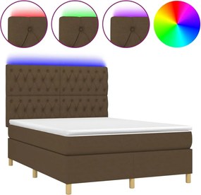 vidaXL Pat cu arcuri, saltea și LED, maro închis, 140x190 cm, textil