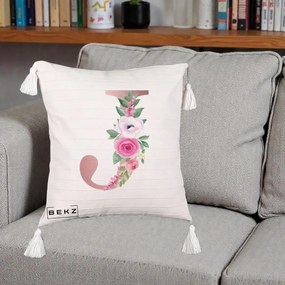 Cadou Personalizat - Perna Personalizata Monograma Rose Gold Litera J, 40x40 cm, Bej cu Franjuri, Husa Detasabila, Perna Inclusa, BEKZ®