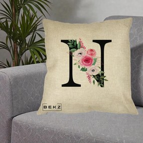 Cadou Personalizat - Perna Personalizata Monograma Florala Litera N, 40x40 cm, Crem, Husa Detasabila, Perna Inclusa, BEKZ®