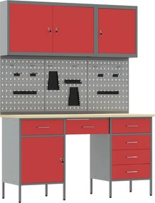 vidaXL Dulap de lucru cu sertar 8 pcs Roșu Lemn ingineresc și oțel