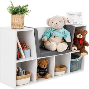 Bibliotecă pentru copii cu scaune, alb/gri, FERIA