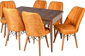 Set masa extensibila cu 6 scaune tapitate Homs cargold 250-30050 bejmarmurat-mustar,170 x 80 cm