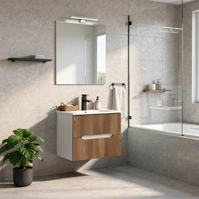 Trent mobilier de baie 60 cm chiuvetă ceramică (2 sertare) cu oglindă 60x80 cm stejar alb-sunset