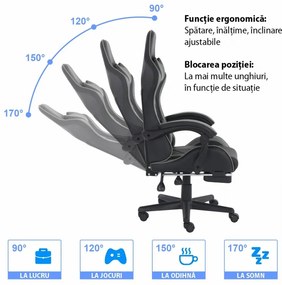 Scaun gaming, masaj în perna lombară, suport picioare, piele ecologica, Negru/Roz