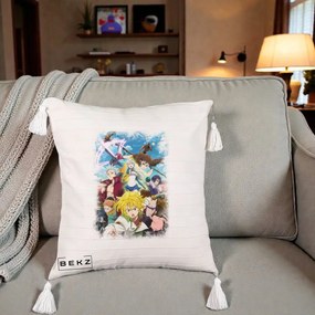 Perna Personalizata Nanatsu no Taizai Cele Sapte Pacate Mortale Anime, 40x40 cm, Bej cu Franjuri, Husa Detasabila, Perna Inclusa, BEKZ®