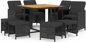 vidaXL Set mobilier de grădină cu perne, 9 piese, negru, poliratan