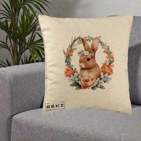 Perna Decorativa Iepuras Floral Coronita Acuarela, 40x40 cm, Bej, Husa Detasabila, Perna Inclusa, BEKZ®
