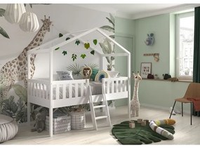 Pat Căsuță Supraetajat cu Scară, Alb, 90 x 200 cm, Pin Scandinavian – Dallas – Vipack