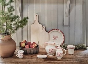 Cană din ceramică artizanală, natur, cu motive geometrice pictate manual roșu și bordură decorativă, fără mâner, 10×10 cm, „Marion"