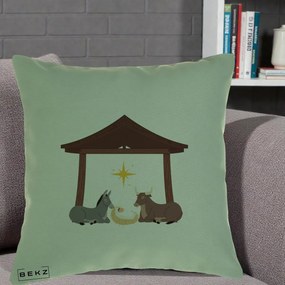 Perna Decorativa Ieslea din Betleem cu Iesle Asin si Bou, 40x40 cm, Verde, Husa Detasabila, Perna Inclusa, BEKZ®