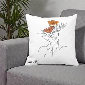 Perna Decorativa Portret Feminin Doua Flori, 40x40 cm, Alba Mata, Husa Detasabila, Perna Inclusa, BEKZ®