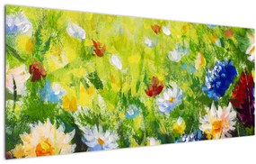 Tablou - Pictură în ulei, pajiște înflorită (120x50 cm)