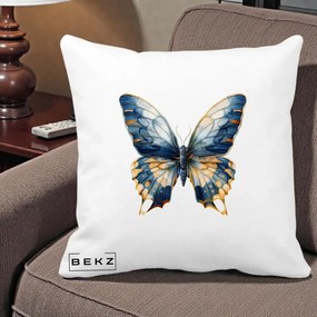 Perna Decorativa Fluture Albastru Auriu Elegant, 40x40 cm, Alba Mata, Husa Detasabila, Perna Inclusa, BEKZ®