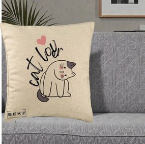 Perna Personalizata Cat Lover Pisica Ilustratie Linie, 40x40 cm, Bej, Husa Detasabila, Perna Inclusa, BEKZ®