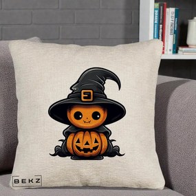 Perna Decorativa Halloween Dovleac Vrajitor Kawaii, 40x40 cm, Bej Canapea, Husa Detasabila, Perna Inclusa, BEKZ®