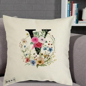 Cadou Personalizat - Perna Personalizata Monograma Florala Litera V cu Coroana, 40x40 cm, Ecru, Husa Detasabila, Perna Inclusa, BEKZ®