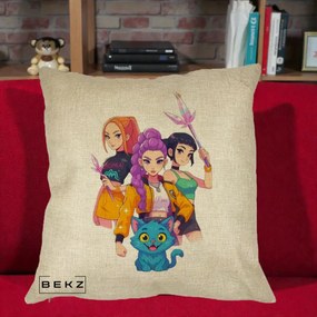 Perna Personalizata K-pop HUNTRX Trio cu Pisica si Cristale, 40x40 cm, Crem, Husa Detasabila, Perna Inclusa, BEKZ®