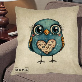 Perna Decorativa Bufnita Albastra cu Inimioare, 40x40 cm, Crem, Husa Detasabila, Perna Inclusa, BEKZ®