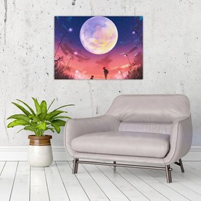 Tablou pe sticlă - Femeie și câine pe lună plină (70x50 cm)