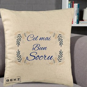 Cadou pentru Socru - Perna Personalizata Cel mai Bun Socru cu Ramuri Frunze Albastre si Aurii, 40x40 cm, Bej, Husa Detasabila, Perna Inclusa, BEKZ®