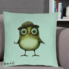 Perna Decorativa Pui Intelectual cu Palarie Tweed, 40x40 cm, Verde Menta, Husa Detasabila, Perna Inclusa, BEKZ®