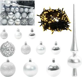 vidaXL Set de Globuri de Crăciun cu 150 LED 61 pcs Argintiu Plastic