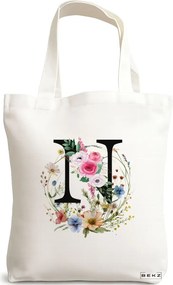 Sacosa de Panza pentru Cumparaturi, Geanta Tote, Cu litera N in Coronita Florala, 38x34.5 cm, Alba, BEKZ®