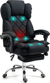 Scaun directorial, cu Masaj și Încălzire, suport picioare, funcție sezlong, textil, Negru