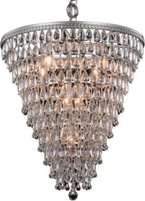 Candelabru din metal și sticlă, argintiu, în formă de con, cu pandantive picătură și lanț reglabil, finisaj patinat, 65 x 61 cm, „Kensington”