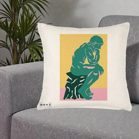 Perna Decorativa Ganditorul Sculptura Pop Art, 40x40 cm, Crem Reliefat, Husa Detasabila, Perna Inclusa, BEKZ®
