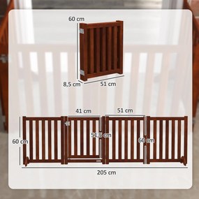 PawHut Barieră de siguranță câine pliabilă dublă față din lemn, 4 panouri cu ușă, picioare de suport, 205 x 60 cm, maro | Aosom Romania