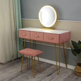 Set CARLA, Masă de toaletă pentru machiaj cu oglindă iluminată LED, control touch, 3 sertare, taburet, catifea, Roz, 100 cm