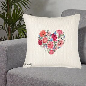 Perna Decorativa Inima din Bujori Acuarela, 40x40 cm, Crem Reliefat, Husa Detasabila, Perna Inclusa, BEKZ®