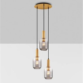 Lustra cu 3 pendule, Metal, Auriu, Sticla, Fumurie, MAHO