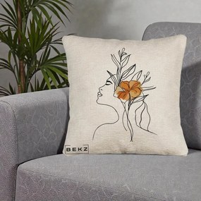 Perna Decorativa Portret Feminin Floare Portocalie Lateral, 40x40 cm, Bej Canapea, Husa Detasabila, Perna Inclusa, BEKZ®
