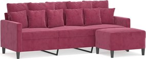 vidaXL Canapea cu 3 locuri și taburet, roșu vin, 180 cm, catifea